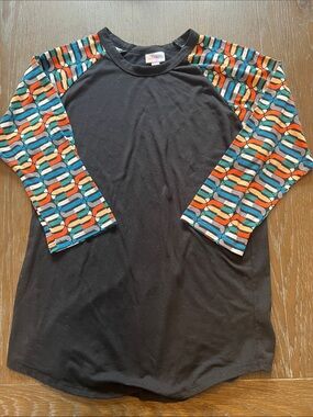 LuLaRoe Black Raglan Shirt with Colorful Patterned Sleeves